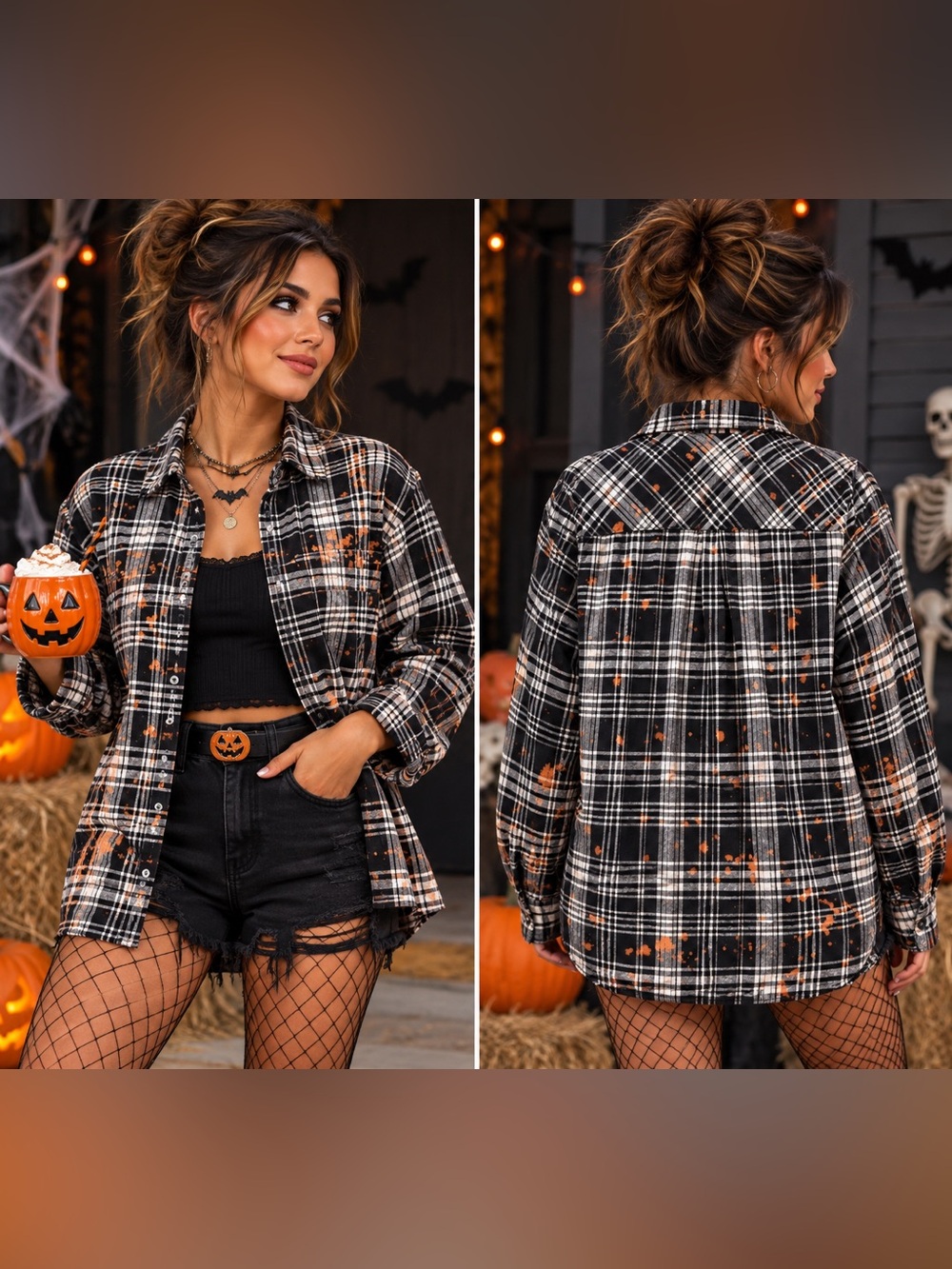 Upcycled GAP Flannel Large Orange Black Plaid Bleach Dyed Halloween OOAK